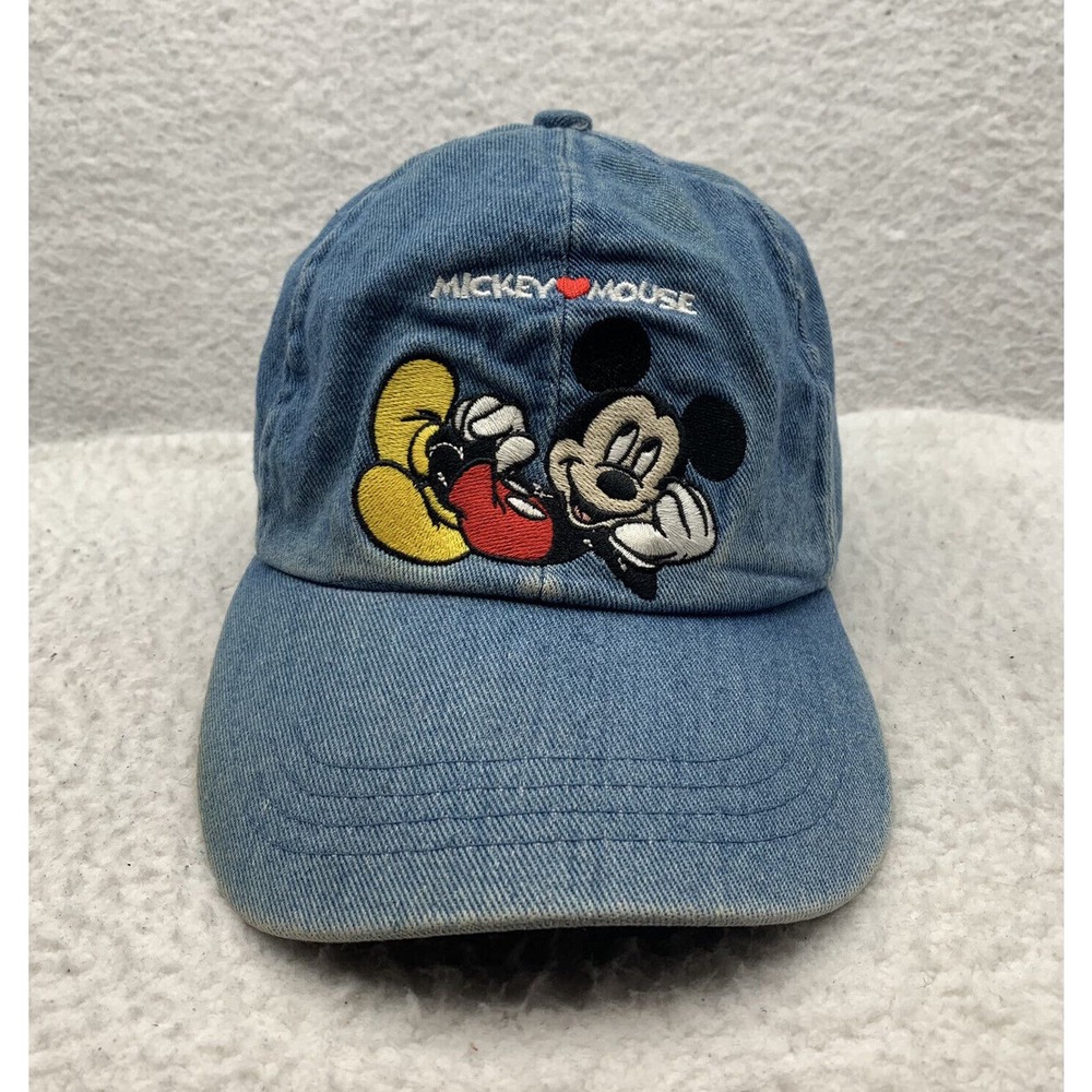 VTG Mickey Unlimited Denim Hat OSFM Elastic Back Blue Jean Mouse Disney Dad 90's
